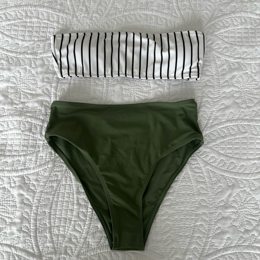 Striped Black and White Bikini Top with Green Bottom